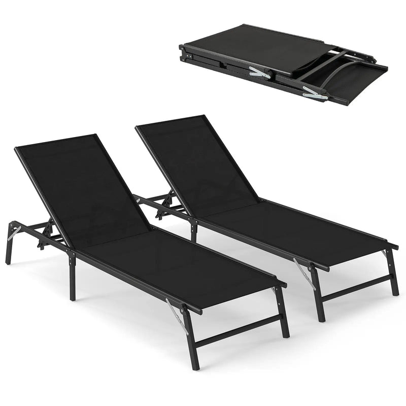Chaise Lounge Chair Set of 2 Foldable Patio Lounge Chairs-Black by DirectDeals