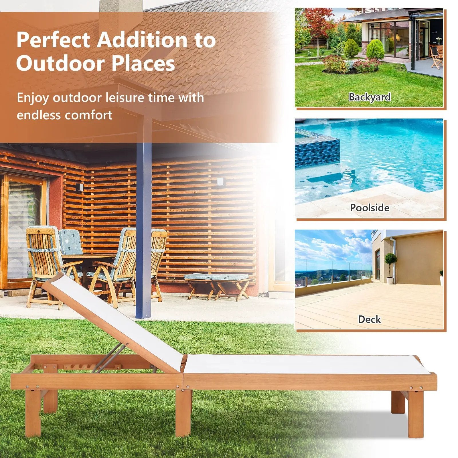 Outdoor Wood Chaise Lounge Chair with 5-Postion Adjustable Back by DirectDeals