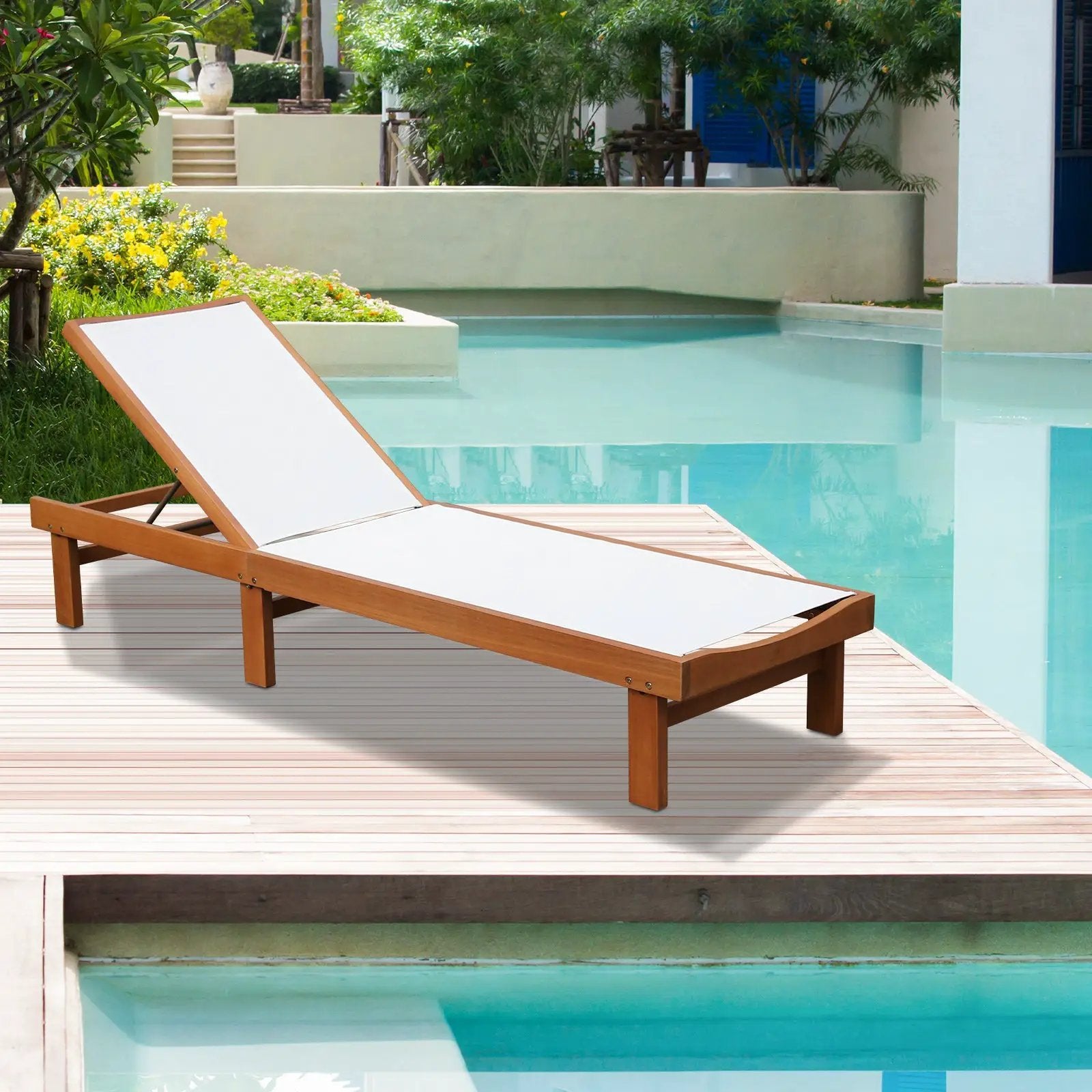 Outdoor Wood Chaise Lounge Chair with 5-Postion Adjustable Back by DirectDeals