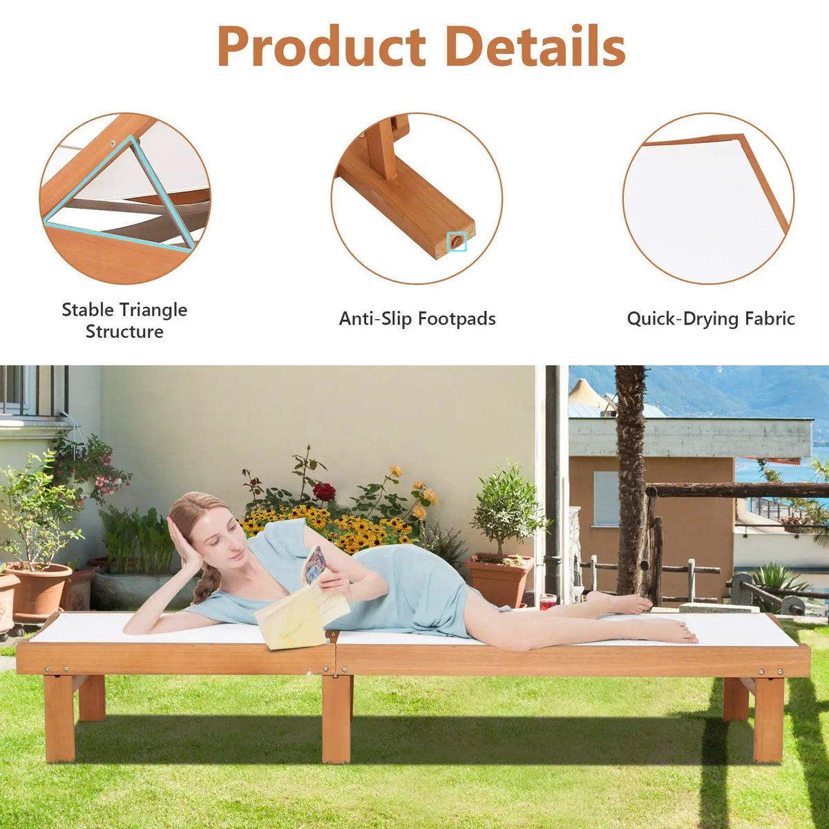Outdoor Wood Chaise Lounge Chair with 5-Postion Adjustable Back, photo 7 of 9