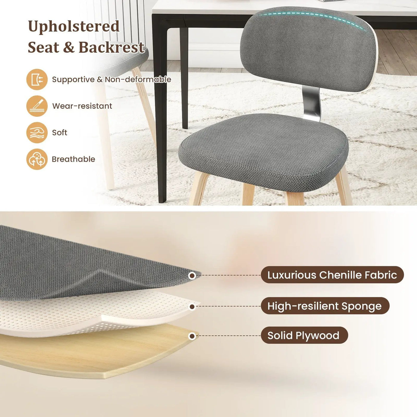 Chenille Fabric Upholstered Wooden Kitchen Chairs Set of 4 by DirectDeals