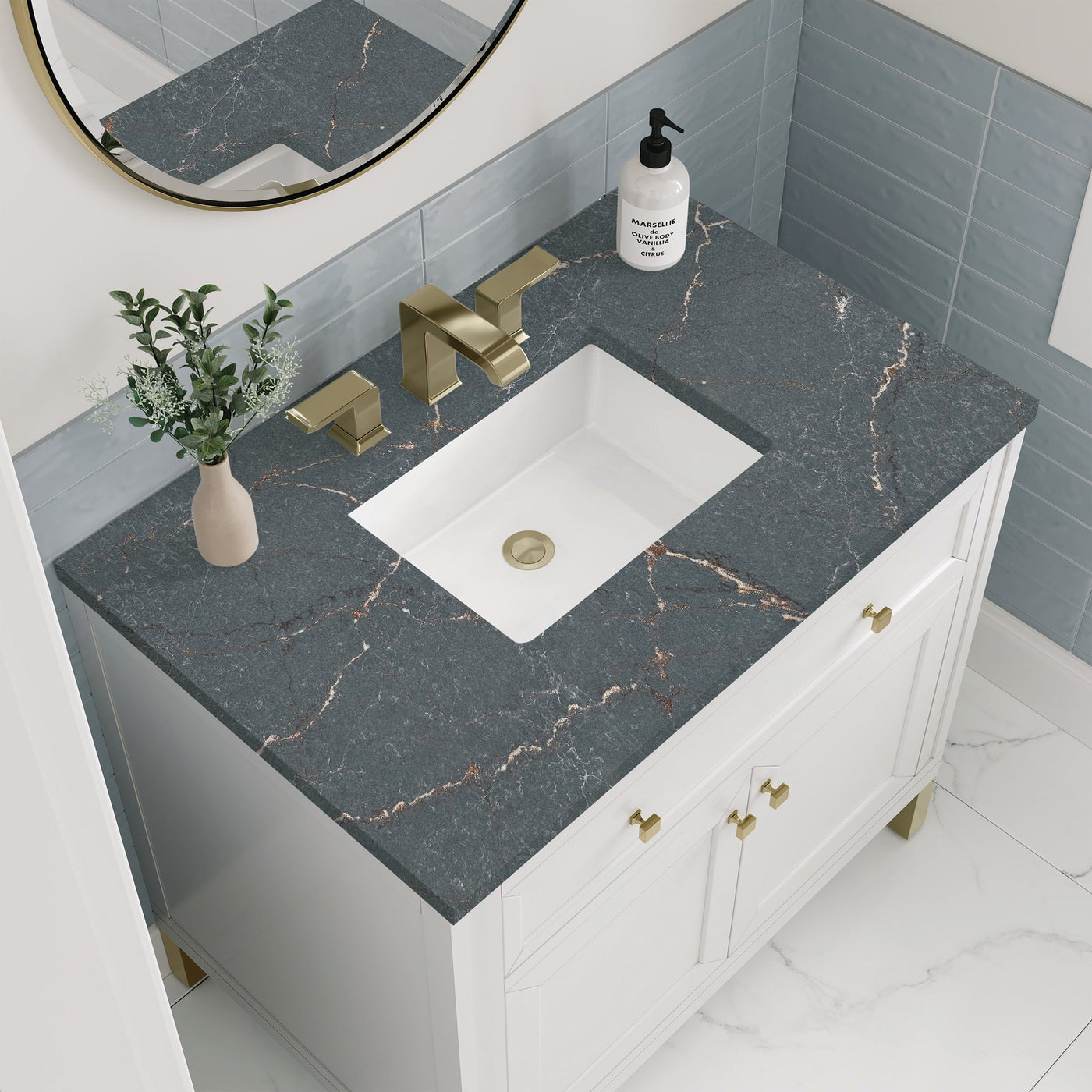 James Martin Chicago 36" Single Bathroom Vanity, Glossy White with Parisien Bleu countertop