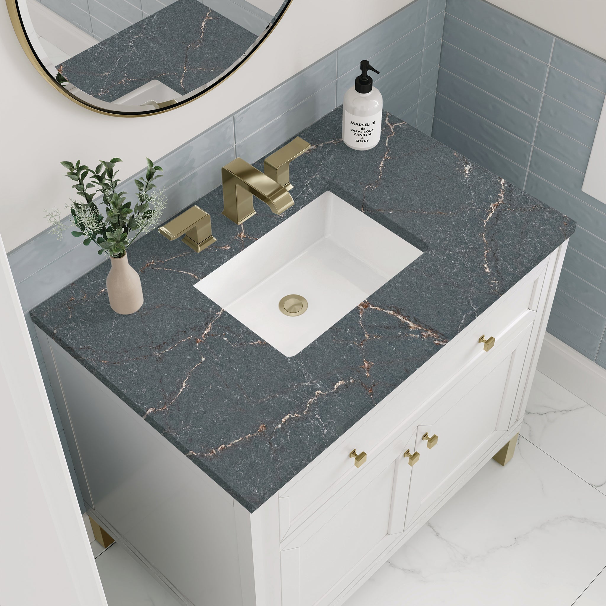 James Martin Chicago 36" Single Bathroom Vanity, Glossy White with Parisien Bleu countertop