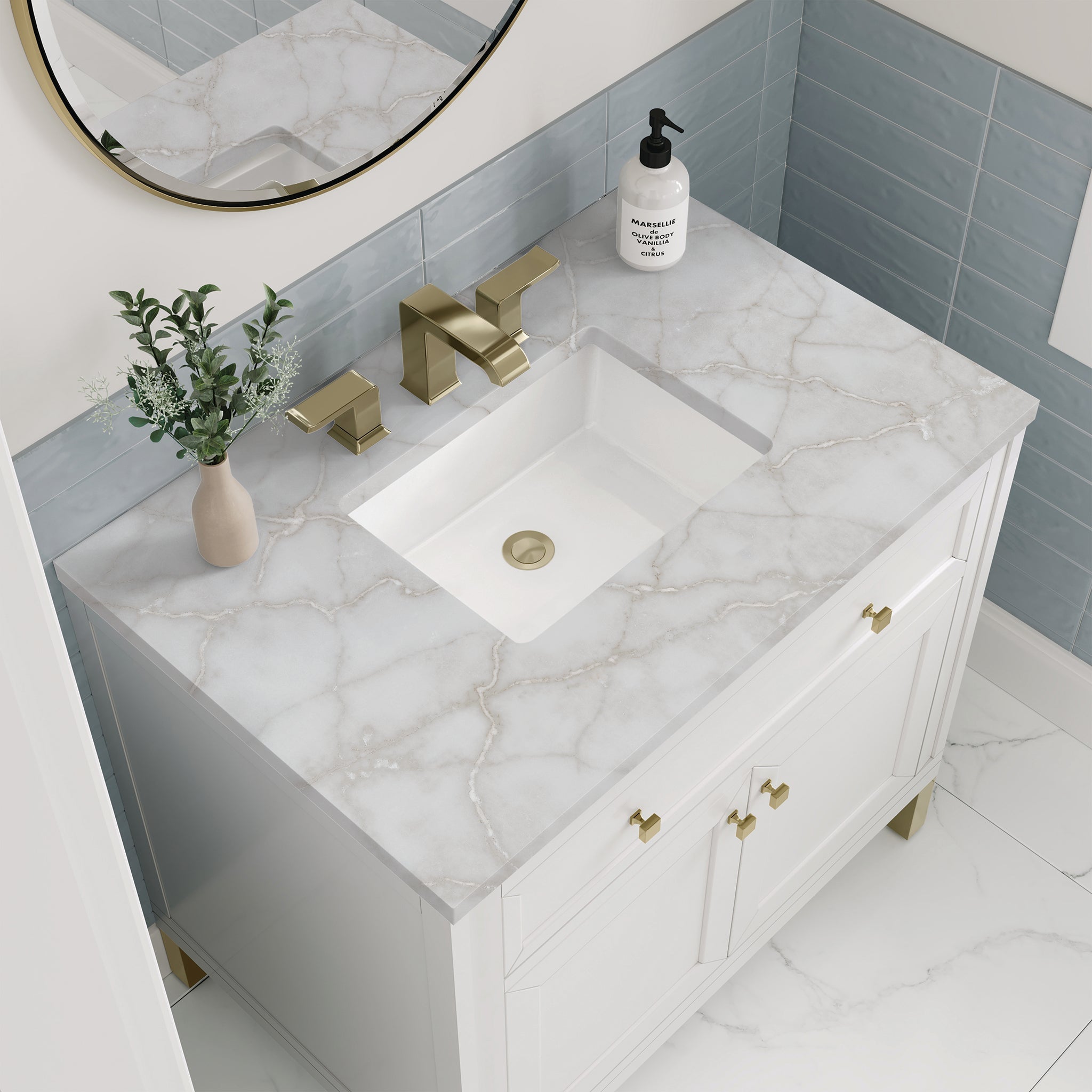 James Martin Chicago 36" Single Bathroom Vanity, Glossy White with Victorian Silver countertop