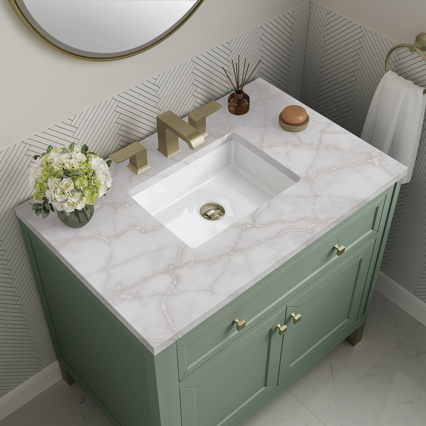 James Martin Chicago 36" Single Bathroom Vanity, Smokey Celadon with Victorian Silver countertop