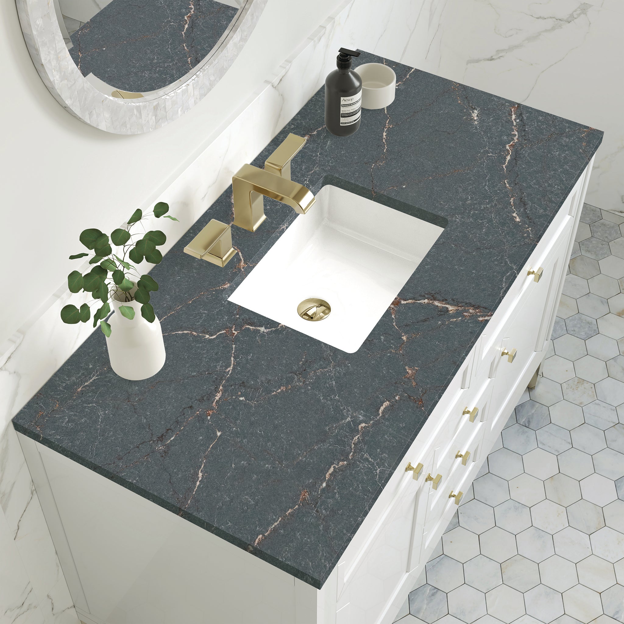 James Martin Chicago 48" Single Bathroom Vanity, Glossy White with Parisien Bleu countertop