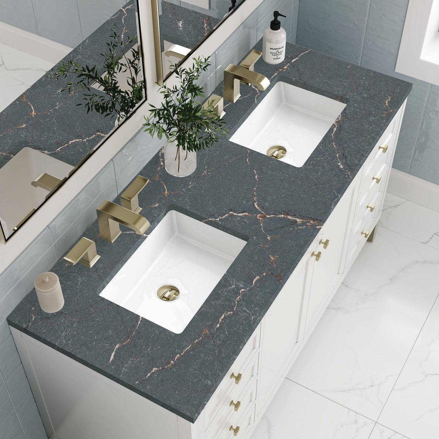 James Martin Chicago 60" Double Bathroom Vanity, Glossy White with Parisien Bleu countertop