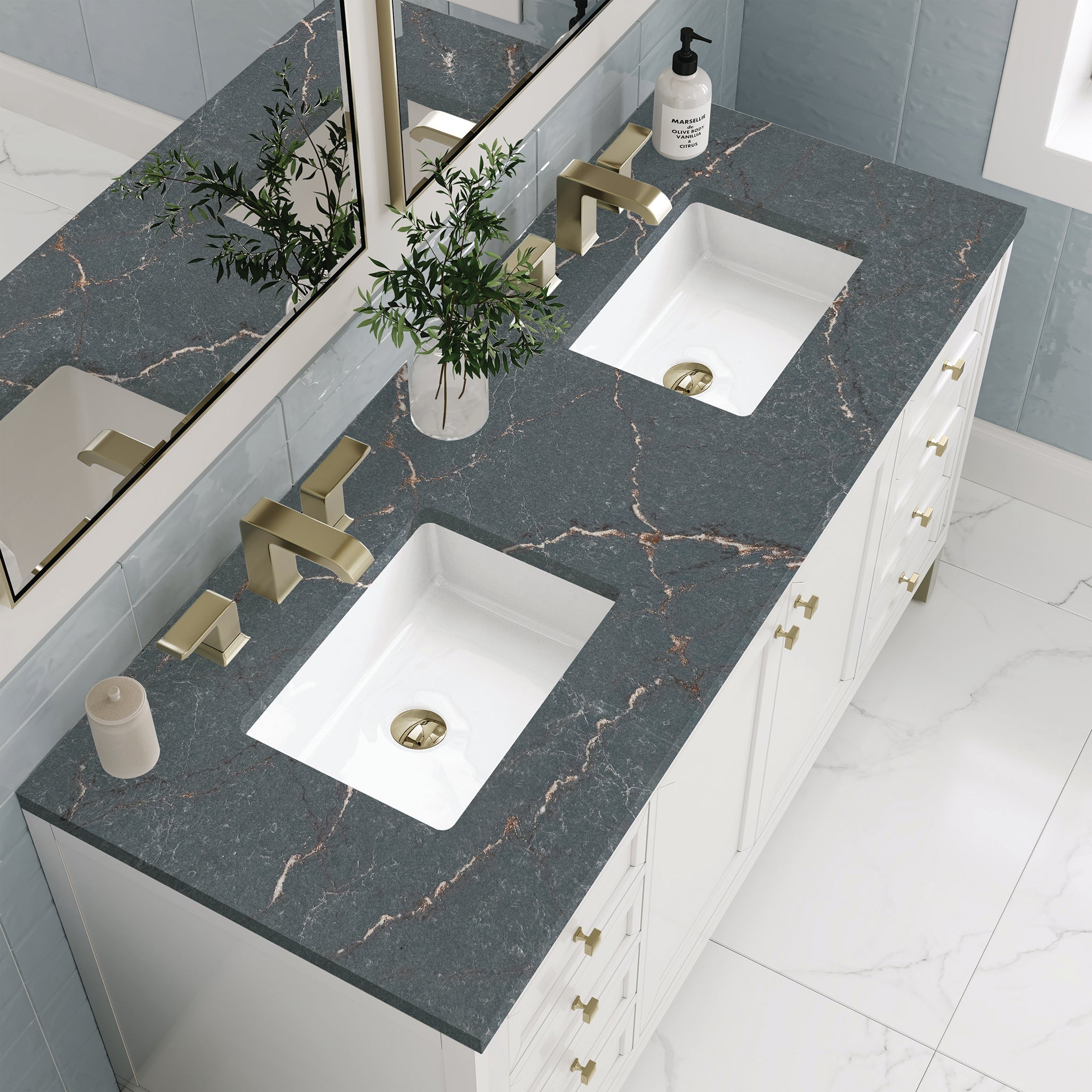 James Martin Chicago 60" Double Bathroom Vanity, Glossy White with Parisien Bleu countertop