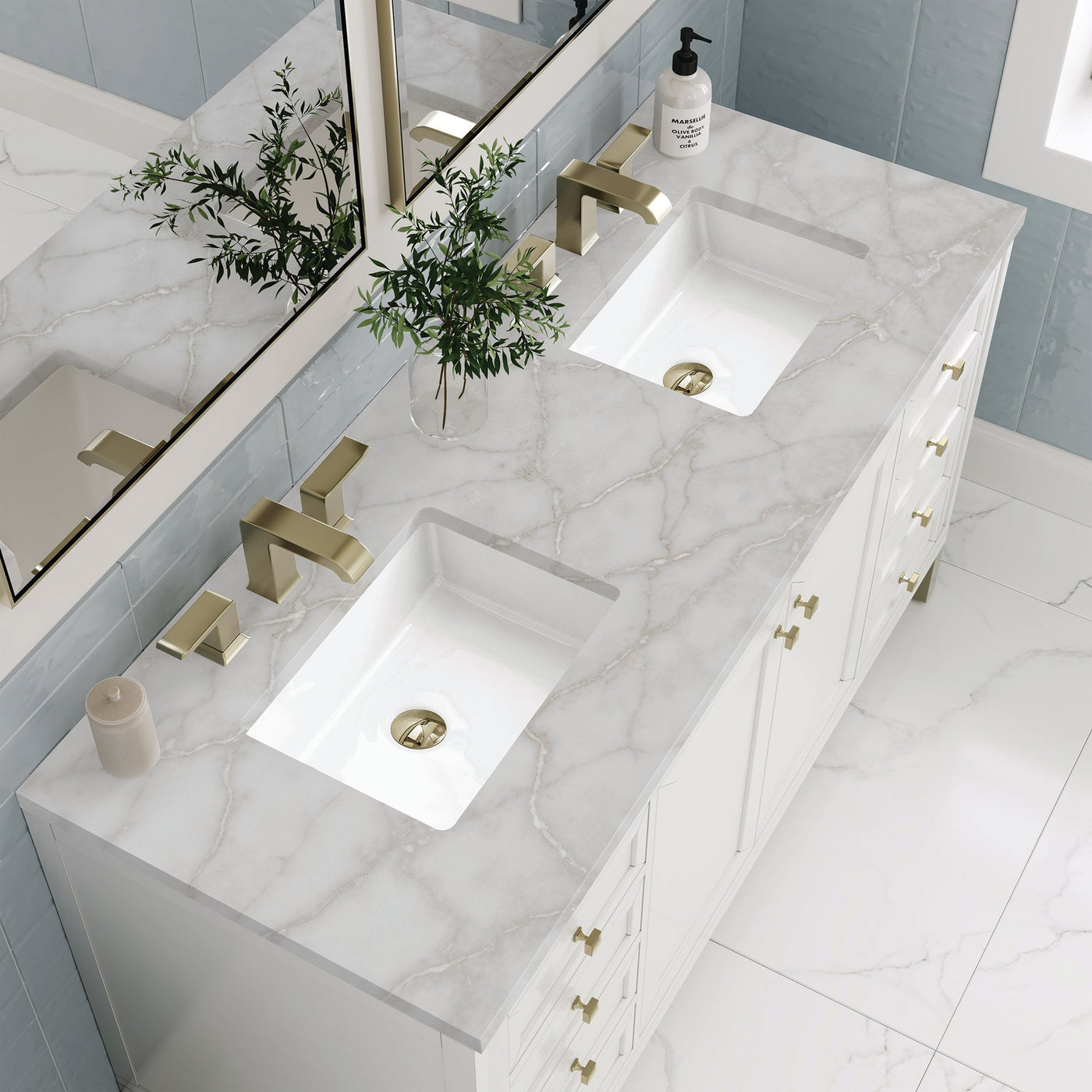 James Martin Chicago 60" Double Bathroom Vanity, Glossy White with Victorian Silver countertop