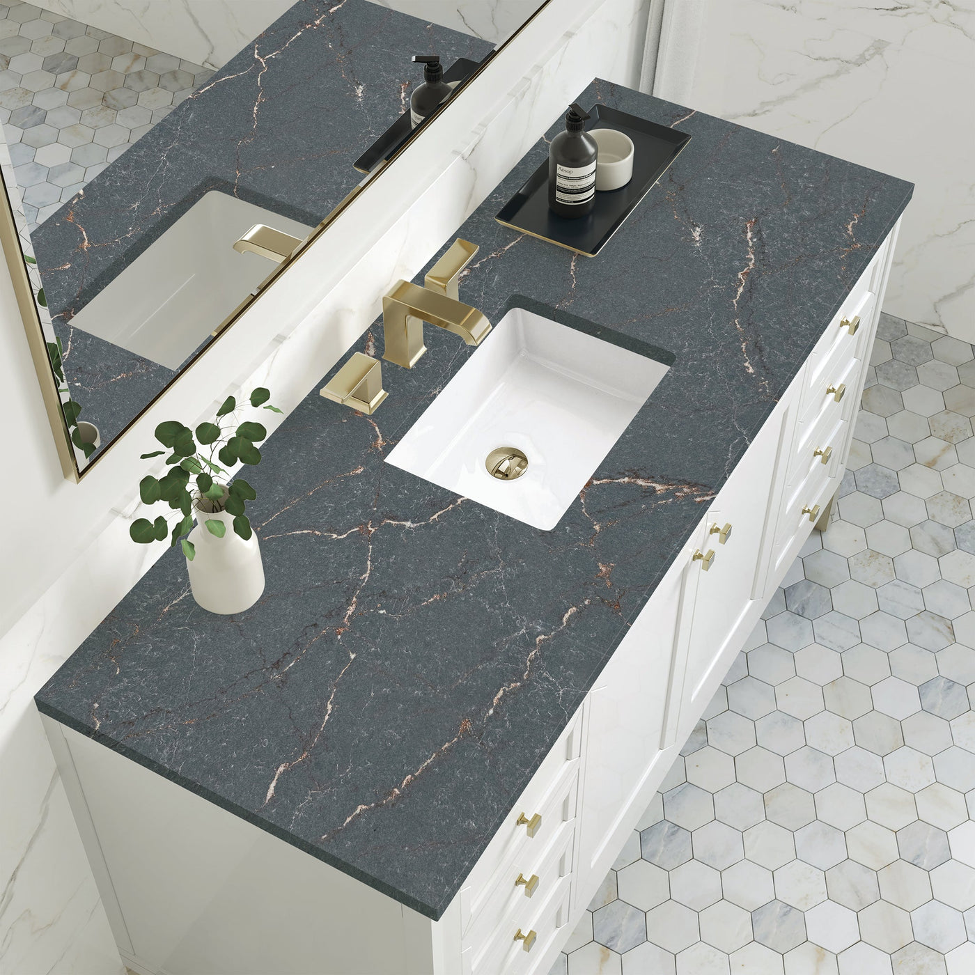 James Martin Chicago 60" Single Bathroom Vanity, Glossy White with Parisien Bleu countertop