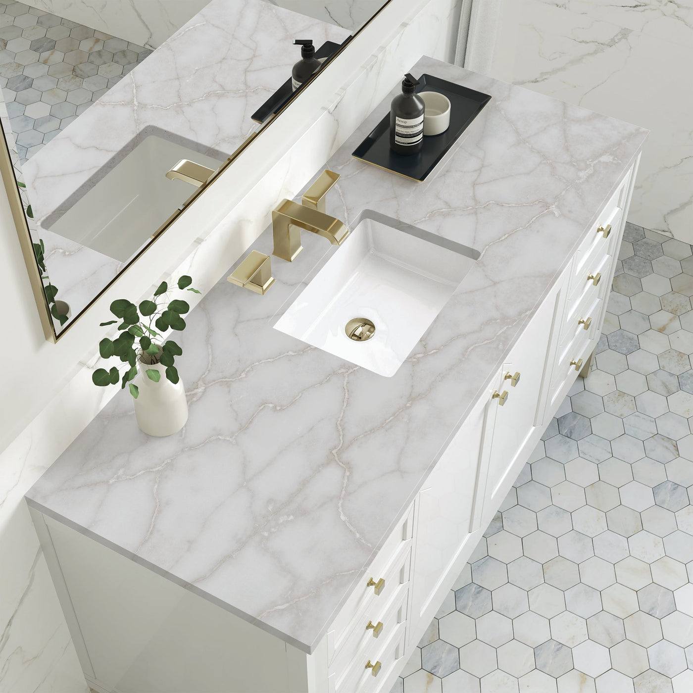 James Martin Chicago 60" Single Bathroom Vanity, Glossy White with Victorian Silver countertop