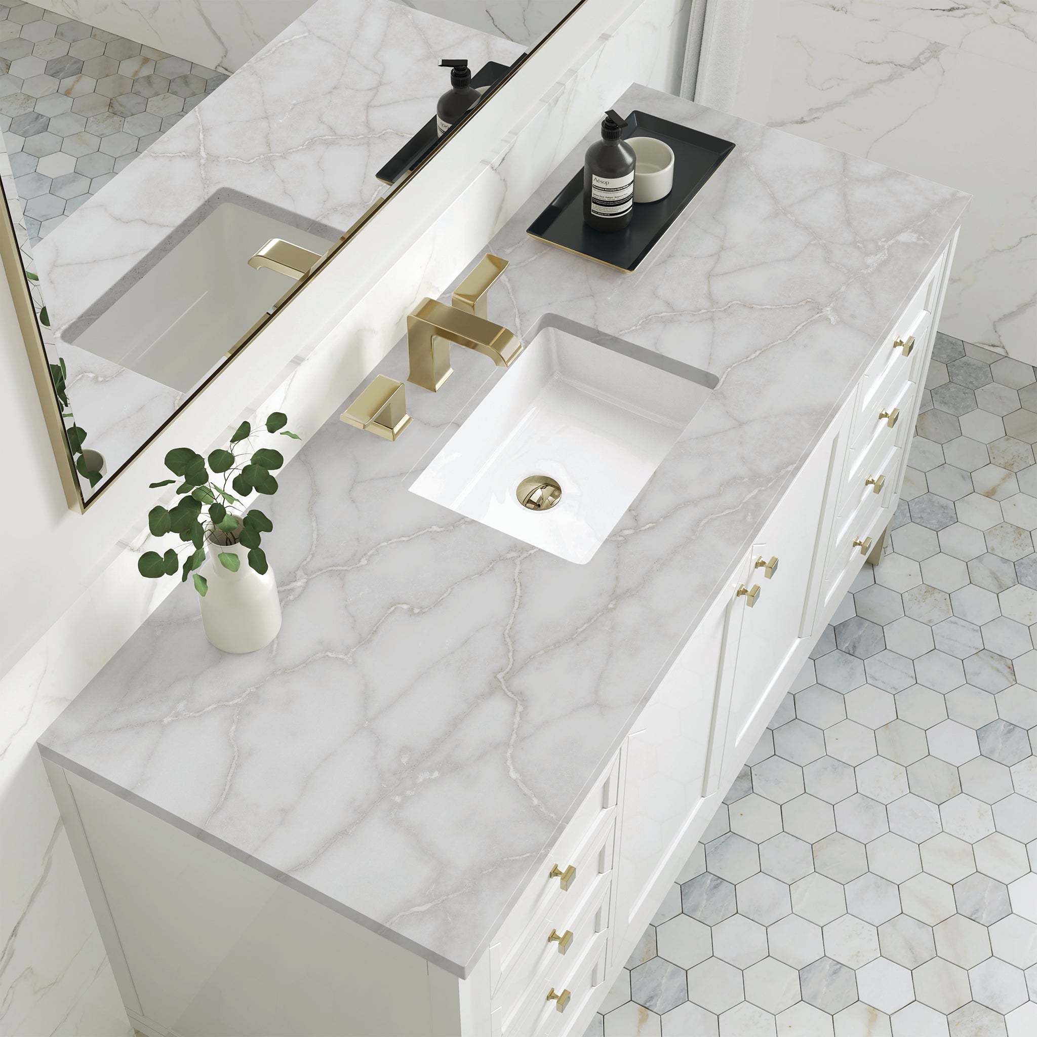 James Martin Chicago 60" Single Bathroom Vanity, Glossy White with Victorian Silver countertop