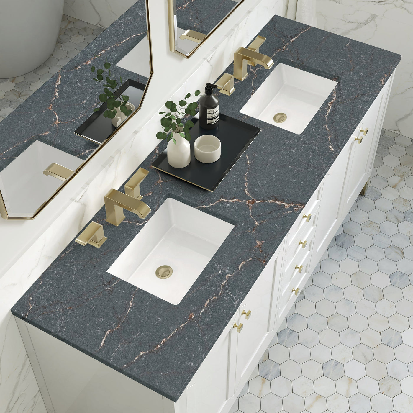 James Martin Chicago 72" Double Bathroom Vanity, Glossy White with Parisien Bleu countertop