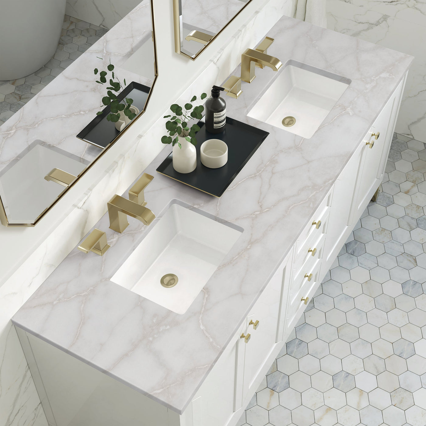 James Martin Chicago 72" Double Bathroom Vanity, Glossy White with Victorian Silver countertop