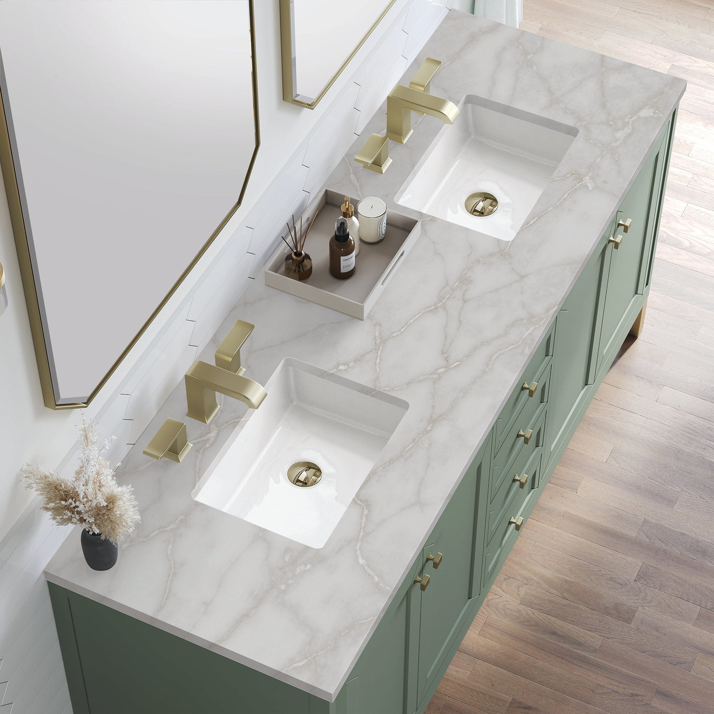James Martin Chicago 72" Double Bathroom Vanity, Smokey Celadon with Victorian Silver countertop