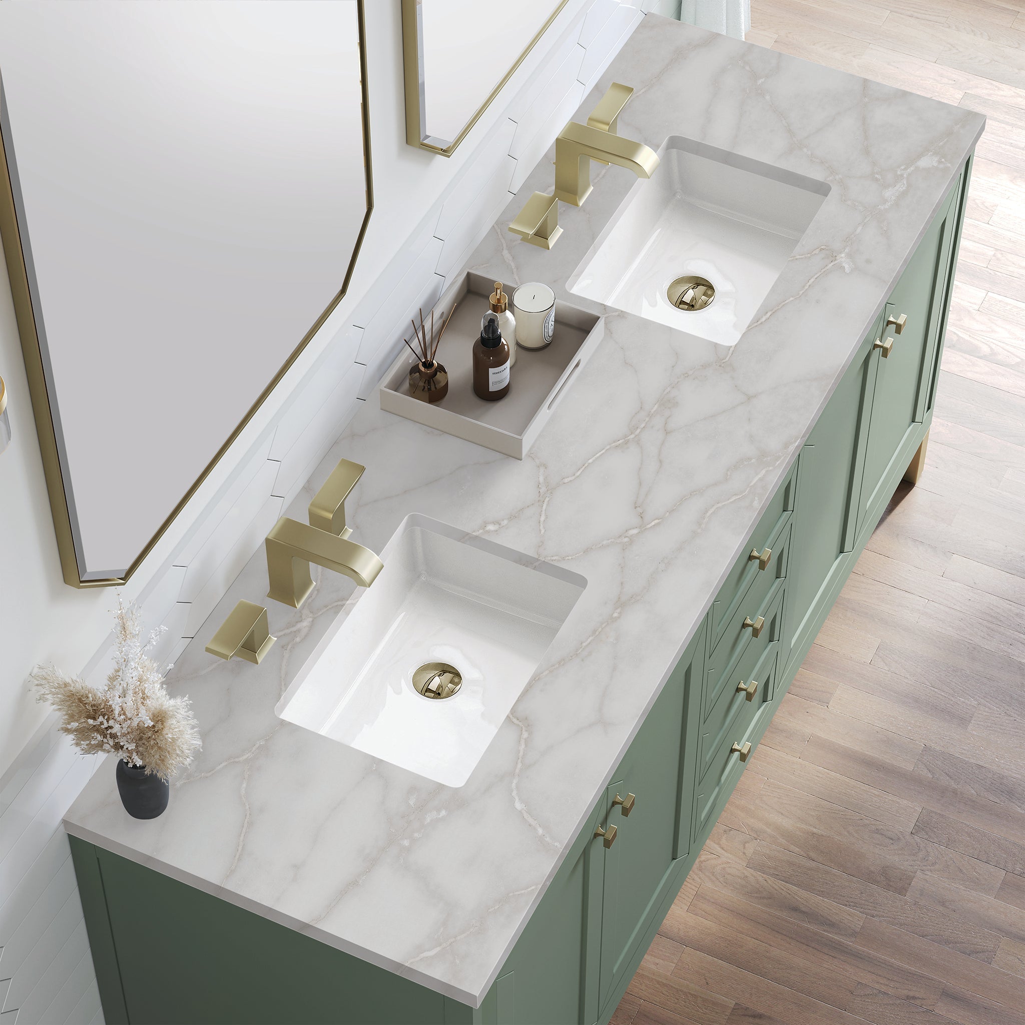 James Martin Chicago 72" Double Bathroom Vanity, Smokey Celadon with Victorian Silver countertop