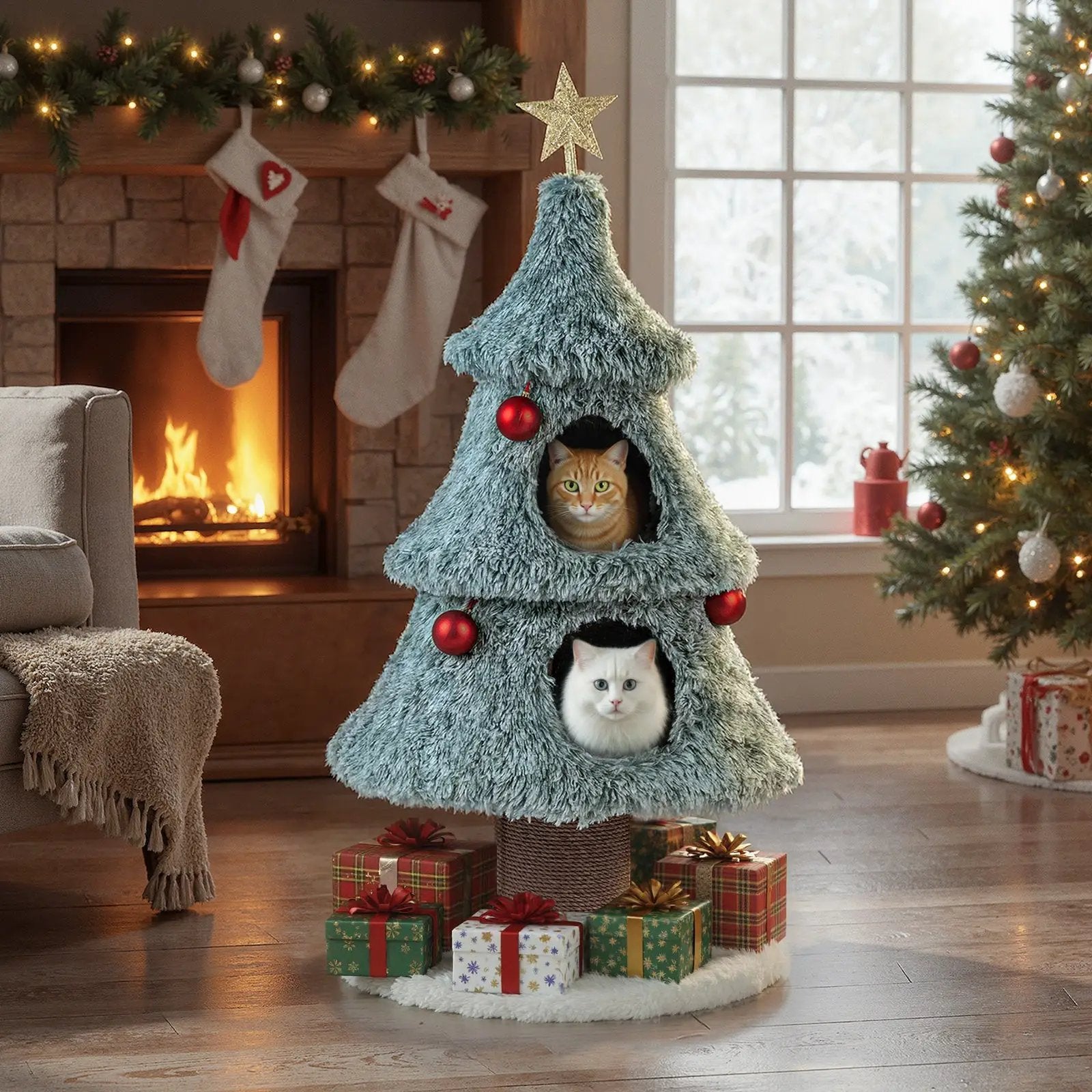 Christmas Cat Tree for Indoor Cats 48.5 inch Cute Cat Tower with 2 Large Condos Scratching Post-Green by DirectDeals