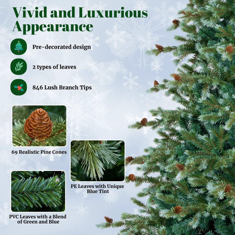 6/7/8 Feet Christmas Tree with Warm White LED Lights and Pine Cones by DirectDeals