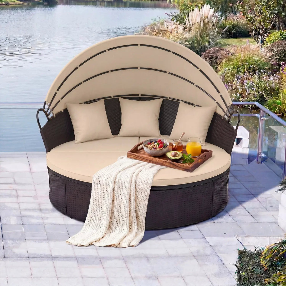 Round Patio Daybed with Retractable Canopy and Cushions