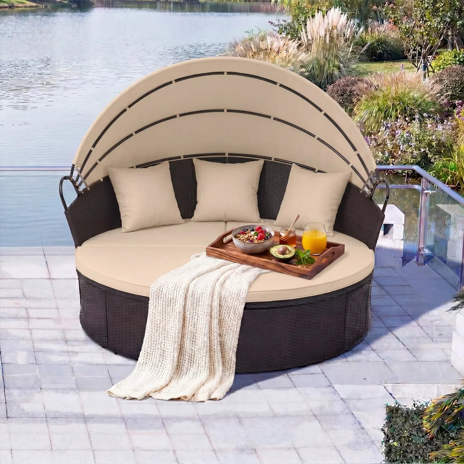 Round Patio Daybed with Retractable Canopy and Cushions by DirectDeals