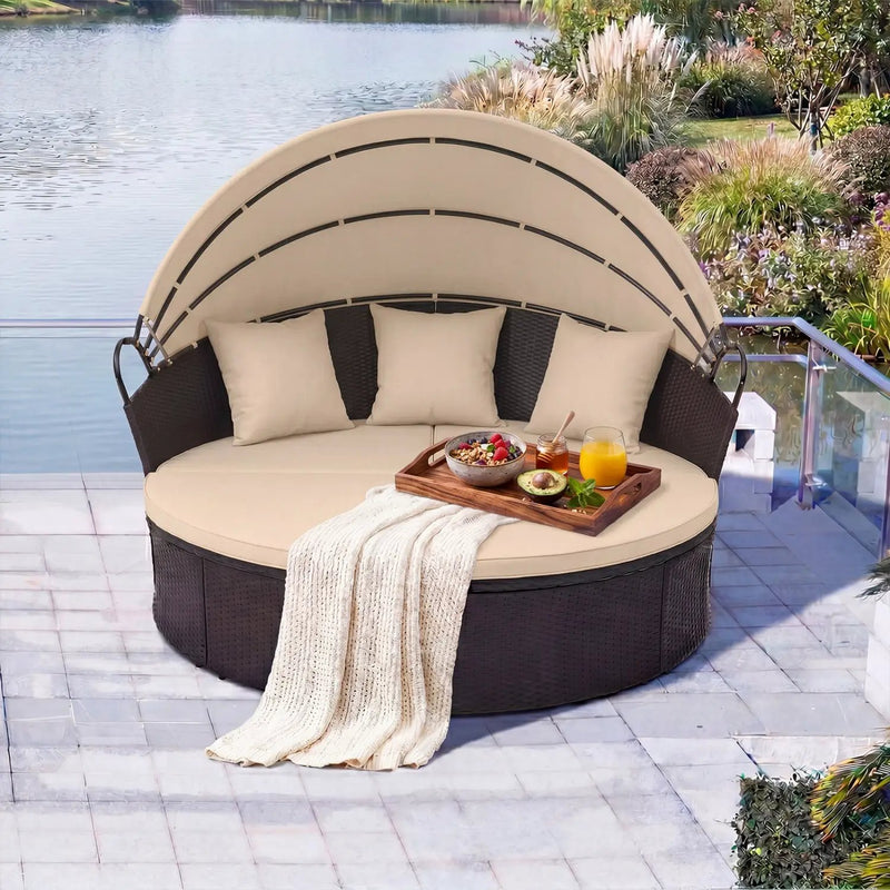 Round Patio Daybed with Retractable Canopy and Cushions by DirectDeals