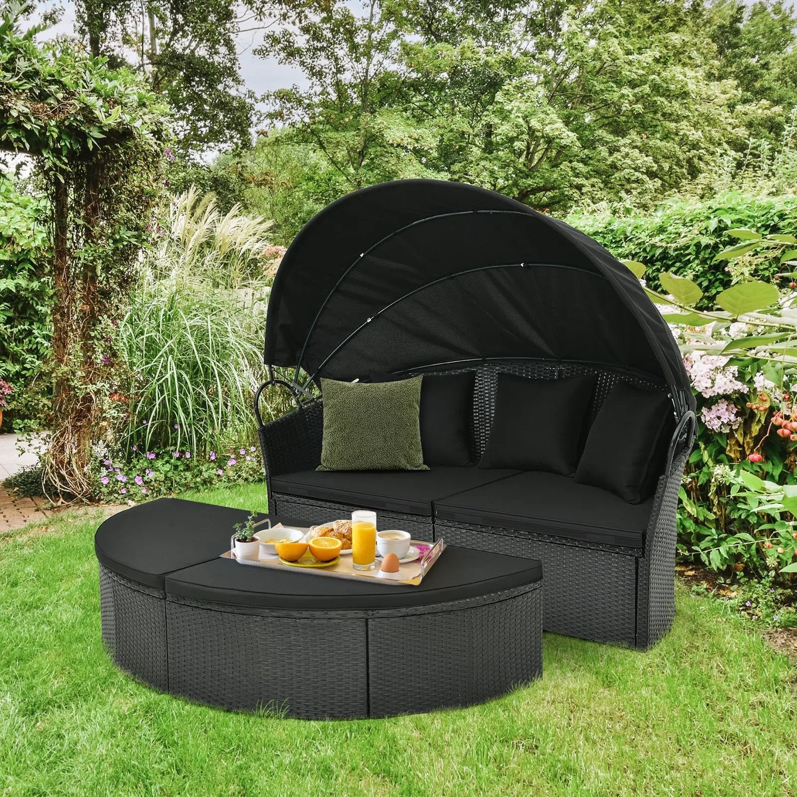 Clamshell Patio Round Daybed Wicker with Retractable Canopy and Pillows by DirectDeals