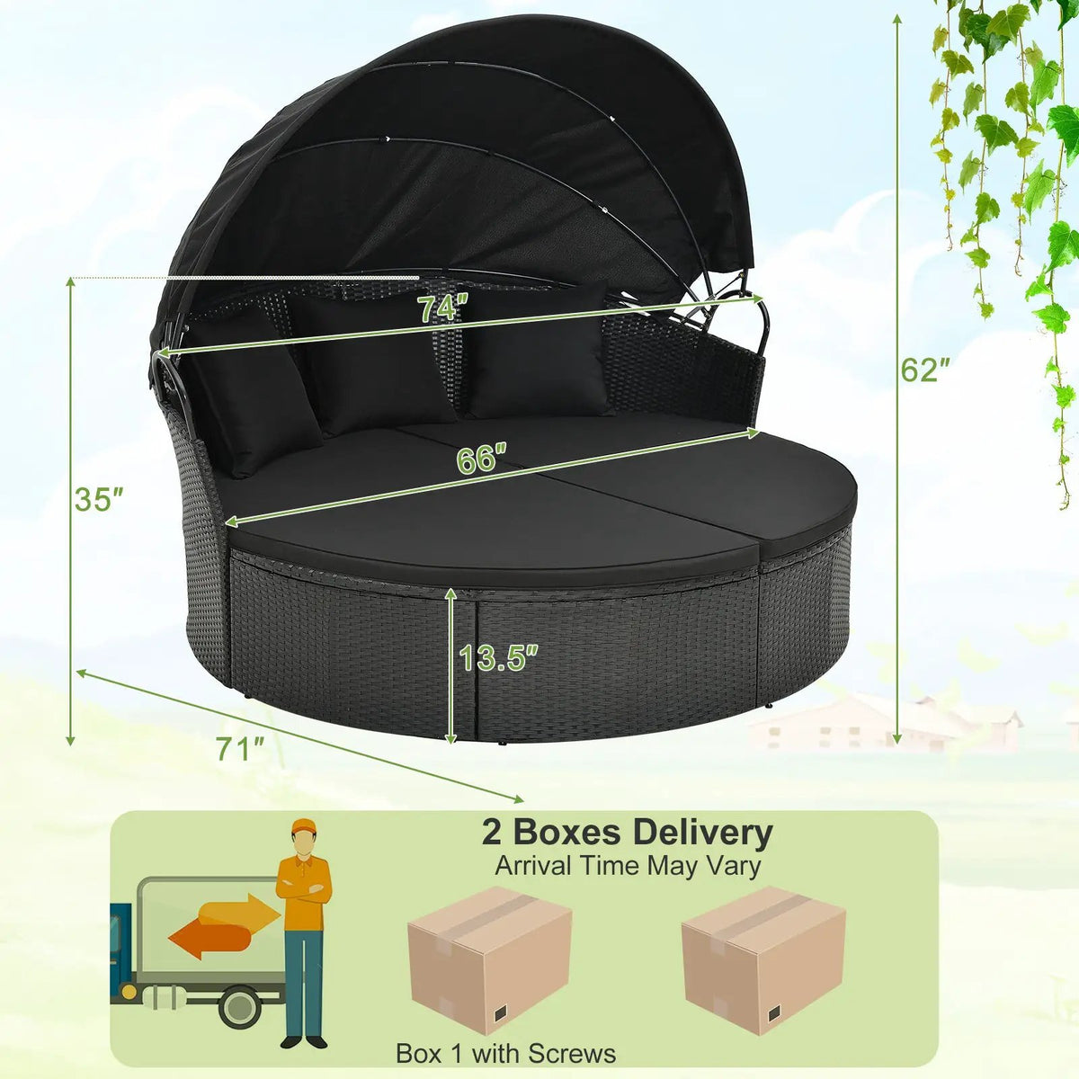 Clamshell Patio Round Daybed Wicker with Retractable Canopy and Pillows, photo 7 of 16