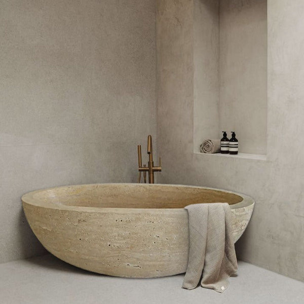 Beige Travertine Ellipse Bathtub - Hand Carved Honed 70x35x20