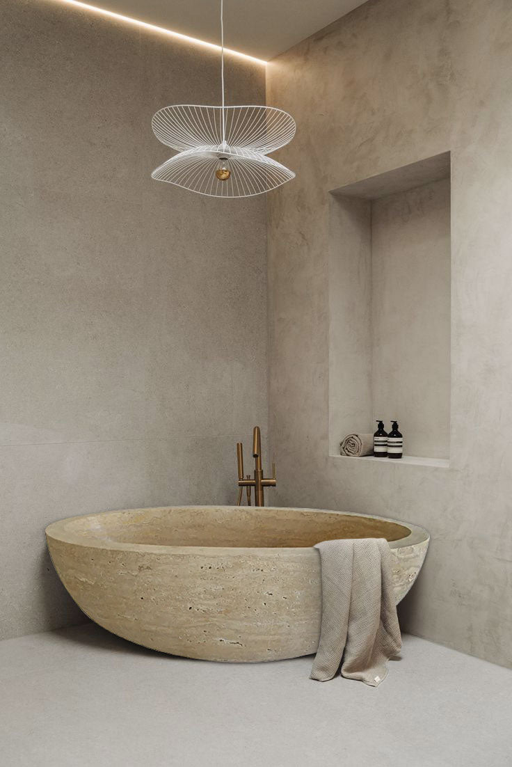 Classic Beige Natural Stone Ellipse Shape Hand-Carved Unique Travertine Bathtub(W)70" (L)35" (H)20" by GobekDesign