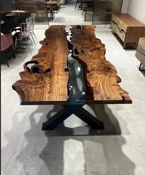 Live Edge, Epoxy Resin River Dining Room Table Made Of Chestnut Wood, photo 3 of 11