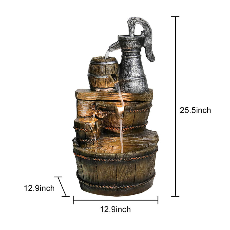 Resin Broken Barrel Rustic Outdoor Fountain 25 Inch LED, close-up of the surface