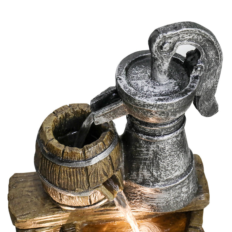 Resin Broken Barrel Rustic Outdoor Fountain 25 Inch LED, close-up of the surface