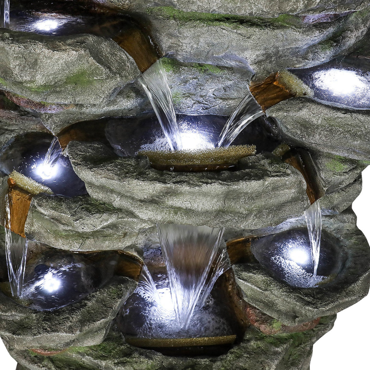 Resin Cliffside Rock Large Outdoor Water Fountain with LED, close-up of the surface