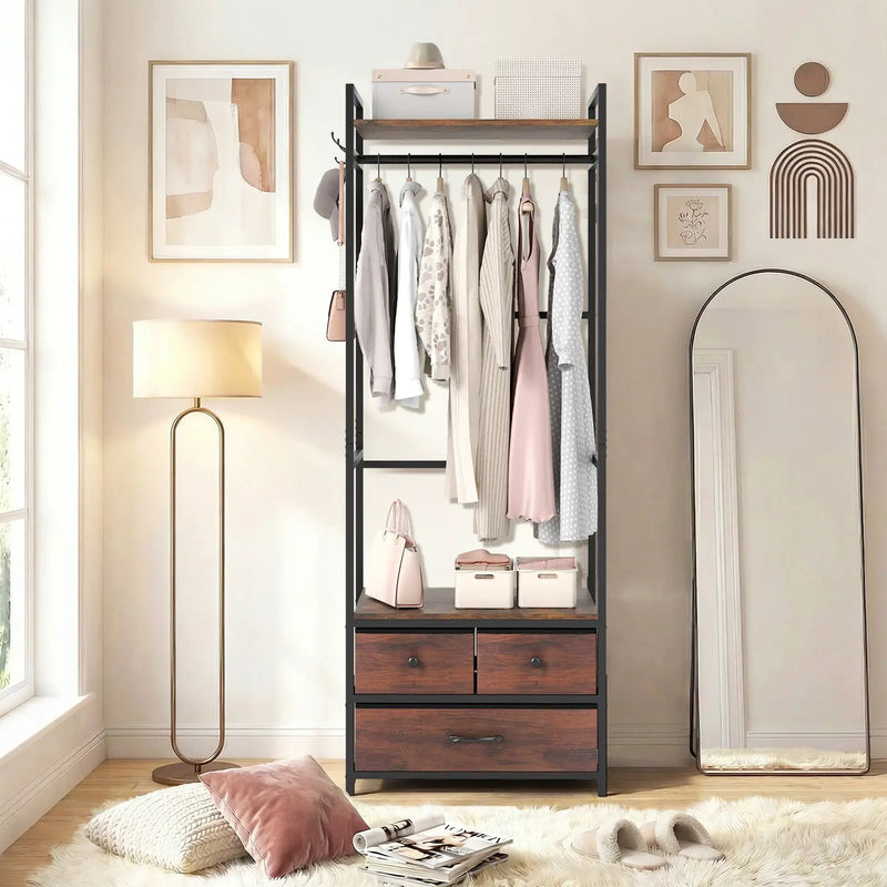 Clothes Rack with Drawers and Shelves with Side Hooks and Metal Frame-Rustic Brown by DirectDeals