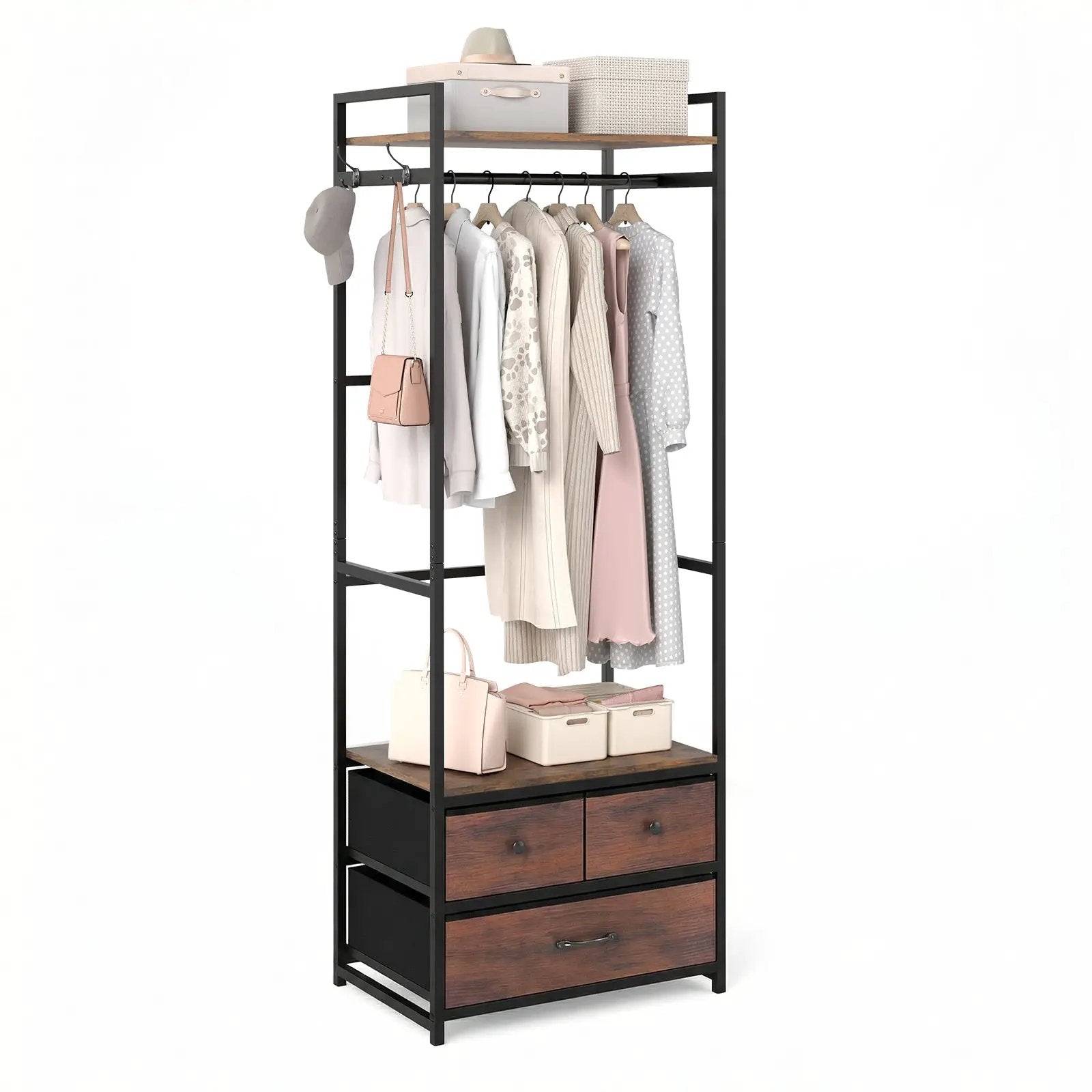Clothes Rack with Drawers and Shelves with Side Hooks and Metal Frame-Rustic Brown by DirectDeals