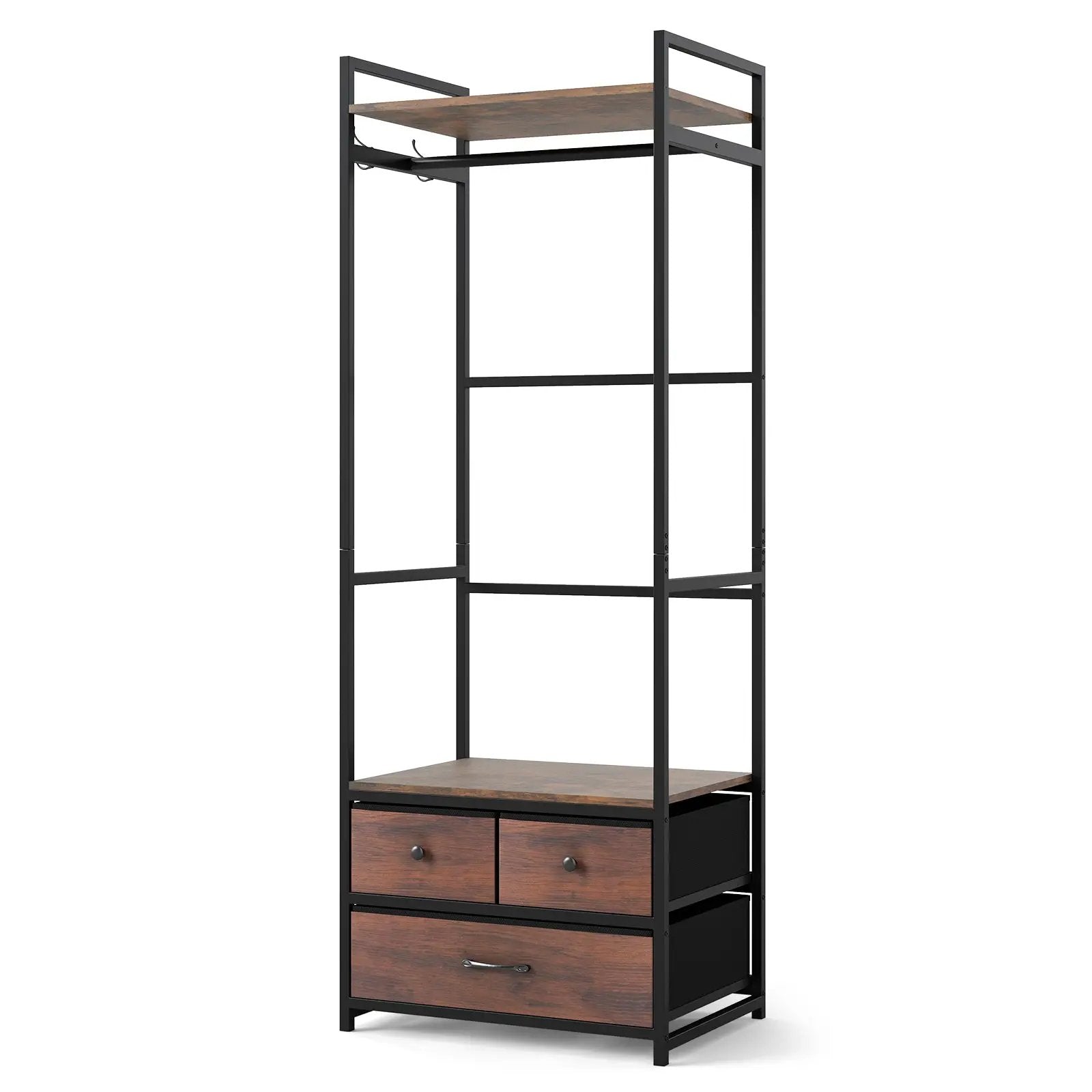 Clothes Rack with Drawers and Shelves with Side Hooks and Metal Frame-Rustic Brown by DirectDeals