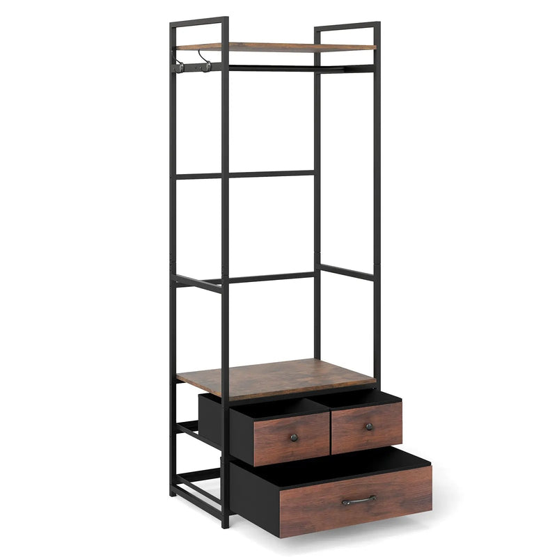 Clothes Rack with Drawers and Shelves with Side Hooks and Metal Frame-Rustic Brown by DirectDeals