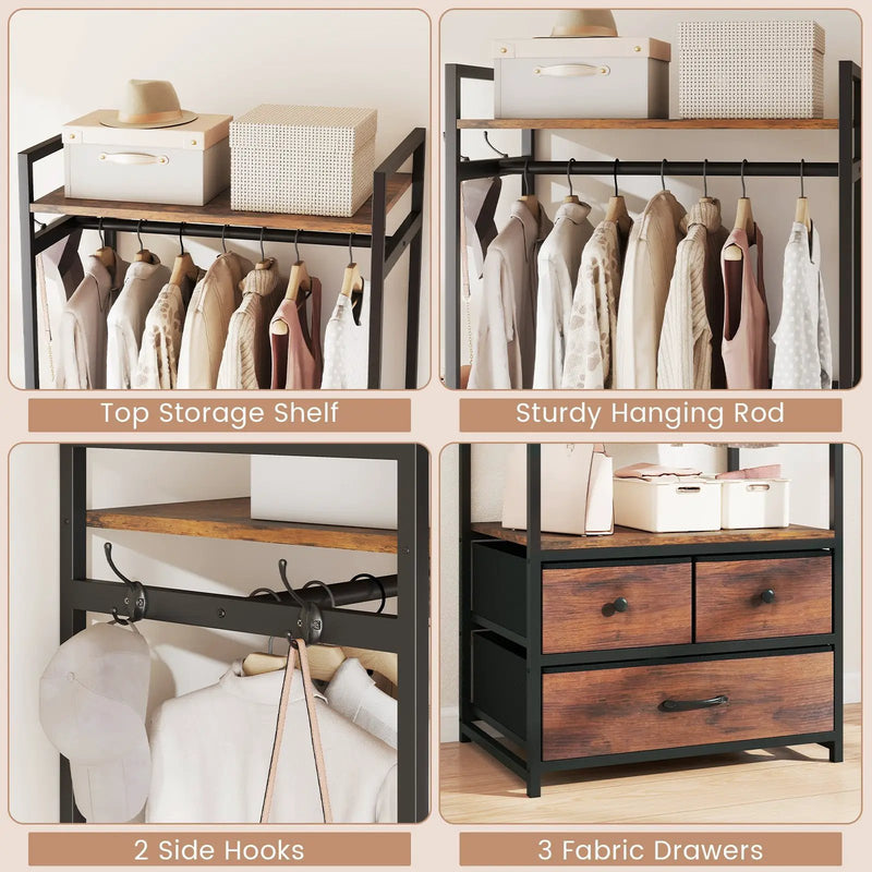 Clothes Rack with Drawers and Shelves with Side Hooks and Metal Frame-Rustic Brown by DirectDeals