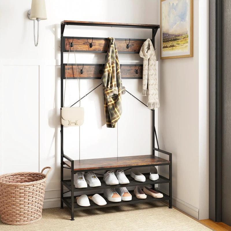 Coat Rack 4-In-1 Hall Tree with 11 Hanging Hooks Shoe Bench by DirectDeals