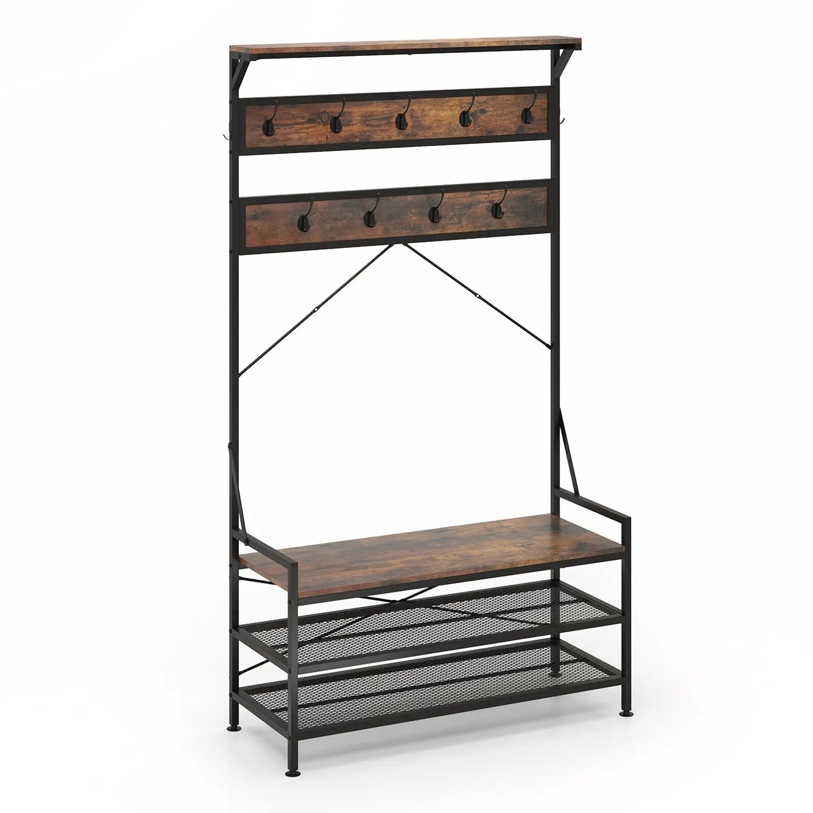 Coat Rack 4-In-1 Hall Tree with 11 Hanging Hooks Shoe Bench by DirectDeals