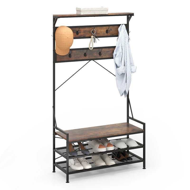 Coat Rack 4-In-1 Hall Tree with 11 Hanging Hooks Shoe Bench by DirectDeals