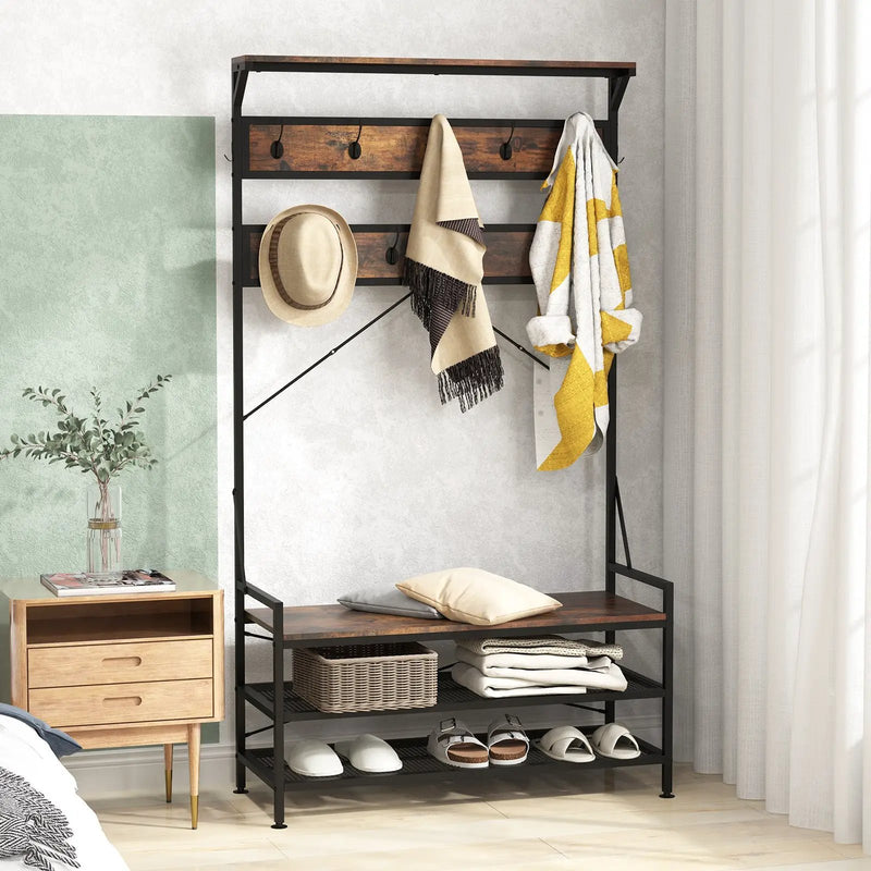 Coat Rack 4-In-1 Hall Tree with 11 Hanging Hooks Shoe Bench by DirectDeals