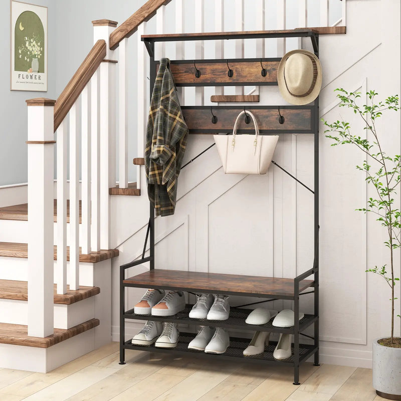 Coat Rack 4-In-1 Hall Tree with 11 Hanging Hooks Shoe Bench by DirectDeals