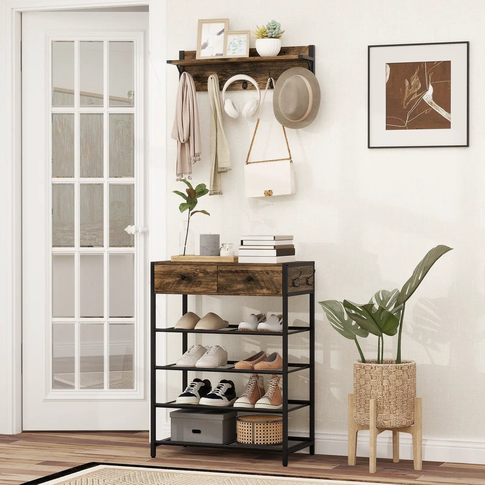 Coat Rack Shoe Stand Set 5-Tier Shoe Rack with Wall-Mounted Coat Hanger-Brown by DirectDeals
