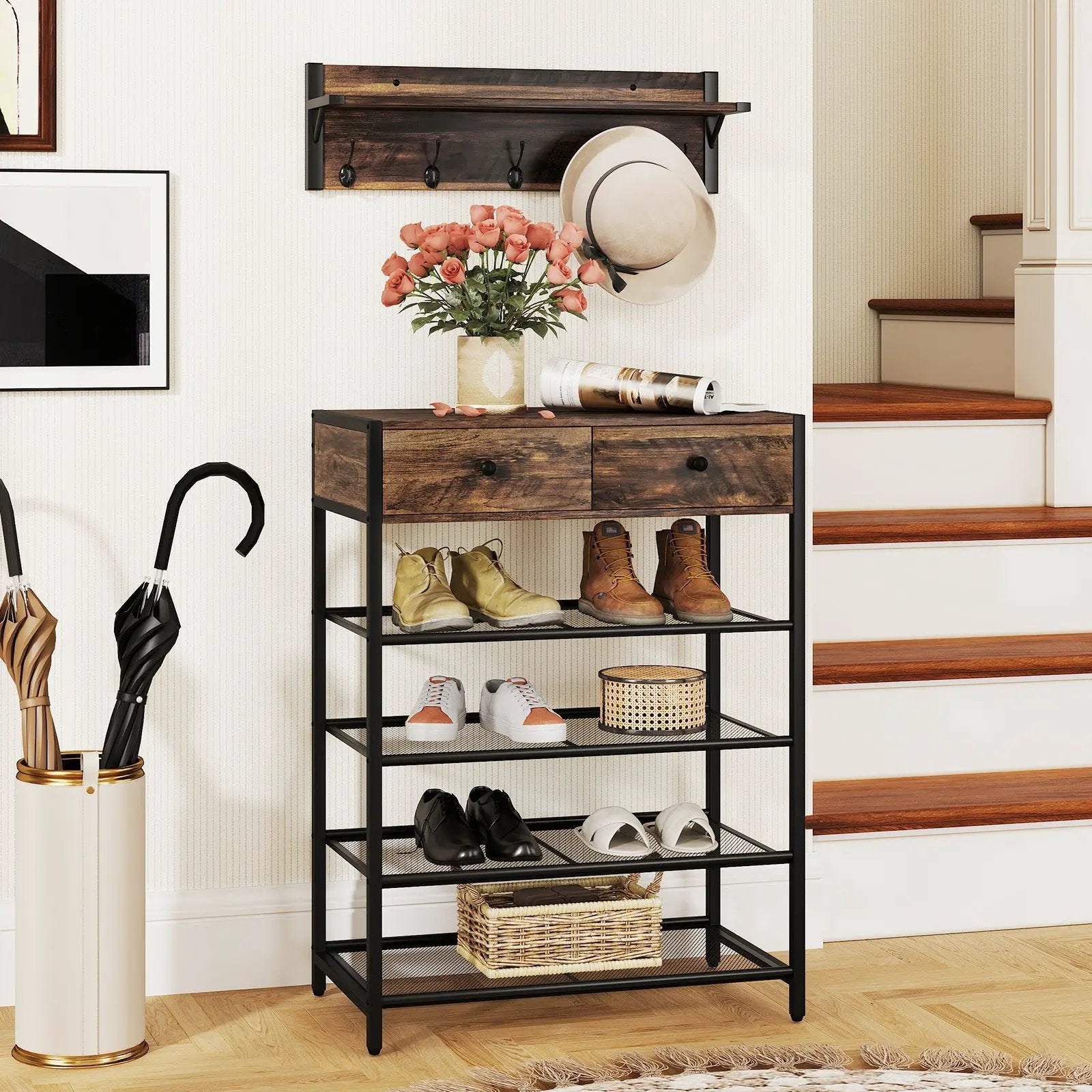 Coat Rack Shoe Stand Set 5-Tier Shoe Rack with Wall-Mounted Coat Hanger-Brown by DirectDeals