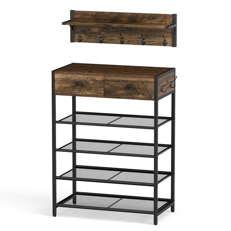 Coat Rack Shoe Stand Set 5-Tier Shoe Rack with Wall-Mounted Coat Hanger-Brown by DirectDeals