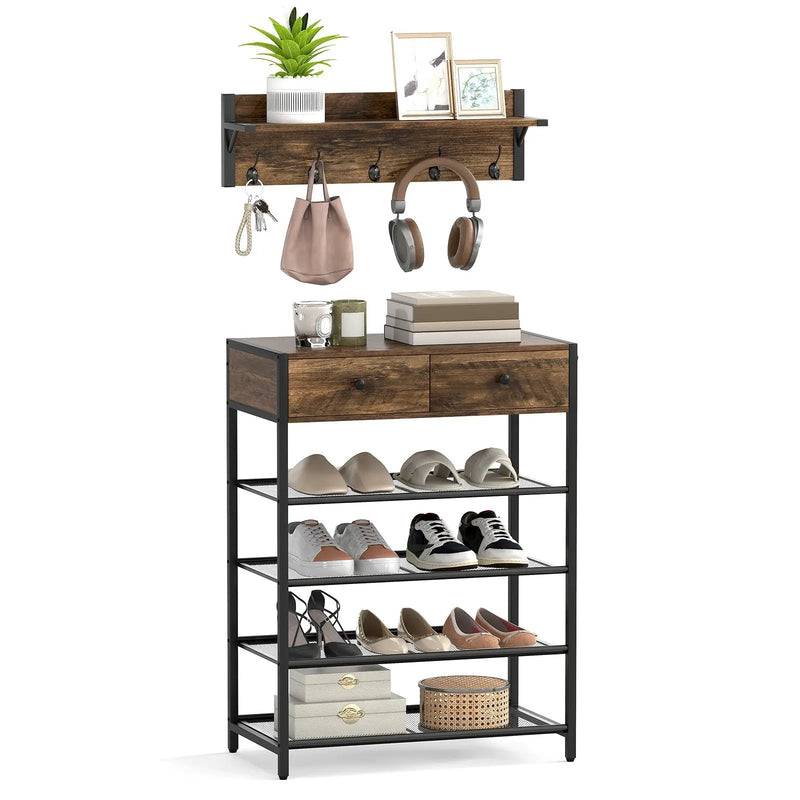 Coat Rack Shoe Stand Set 5-Tier Shoe Rack with Wall-Mounted Coat Hanger-Brown by DirectDeals