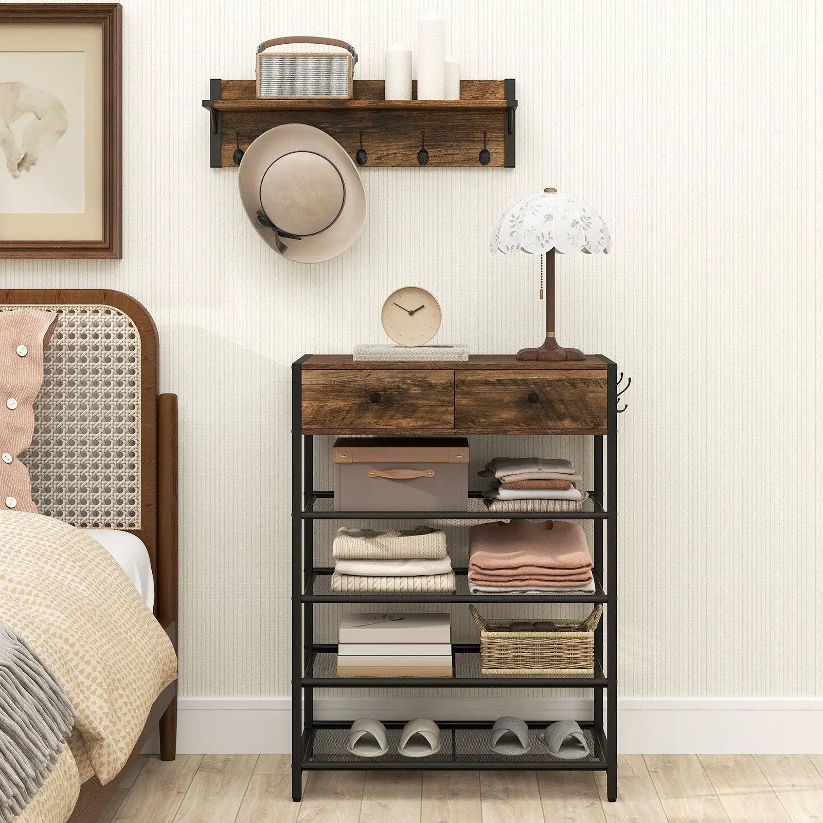 Coat Rack Shoe Stand Set 5-Tier Shoe Rack with Wall-Mounted Coat Hanger-Brown by DirectDeals