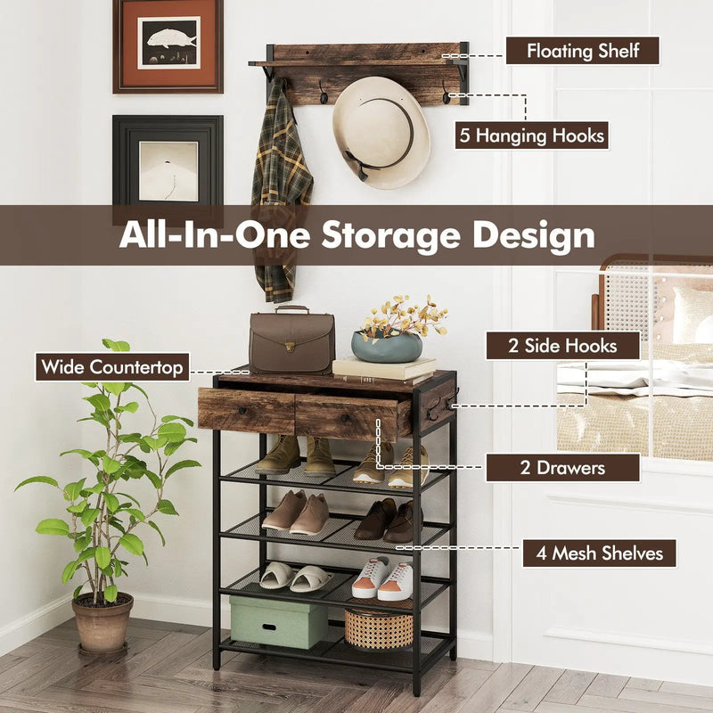 Coat Rack Shoe Stand Set 5-Tier Shoe Rack with Wall-Mounted Coat Hanger-Brown by DirectDeals