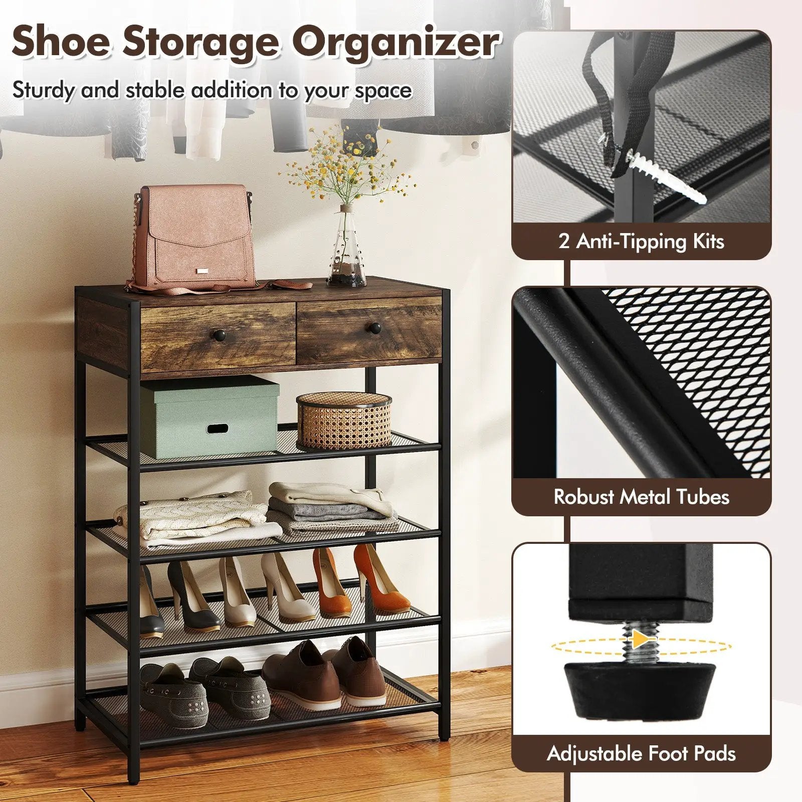 Coat Rack Shoe Stand Set 5-Tier Shoe Rack with Wall-Mounted Coat Hanger-Brown by DirectDeals